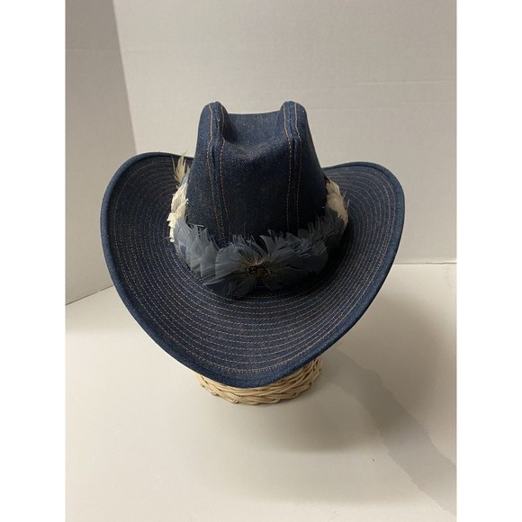 Levi Strauss Accessories - Vtg 1970’s Levi Strauss Denim Cowboy Hat Removable Feather Band Size 7